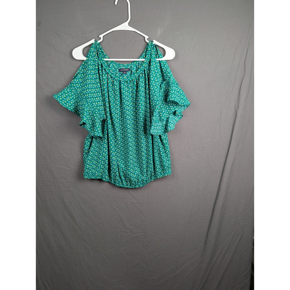 Max Edition Green Polka Dot Cold Shoulder Ruffle Sleeve Blouse‎ XL